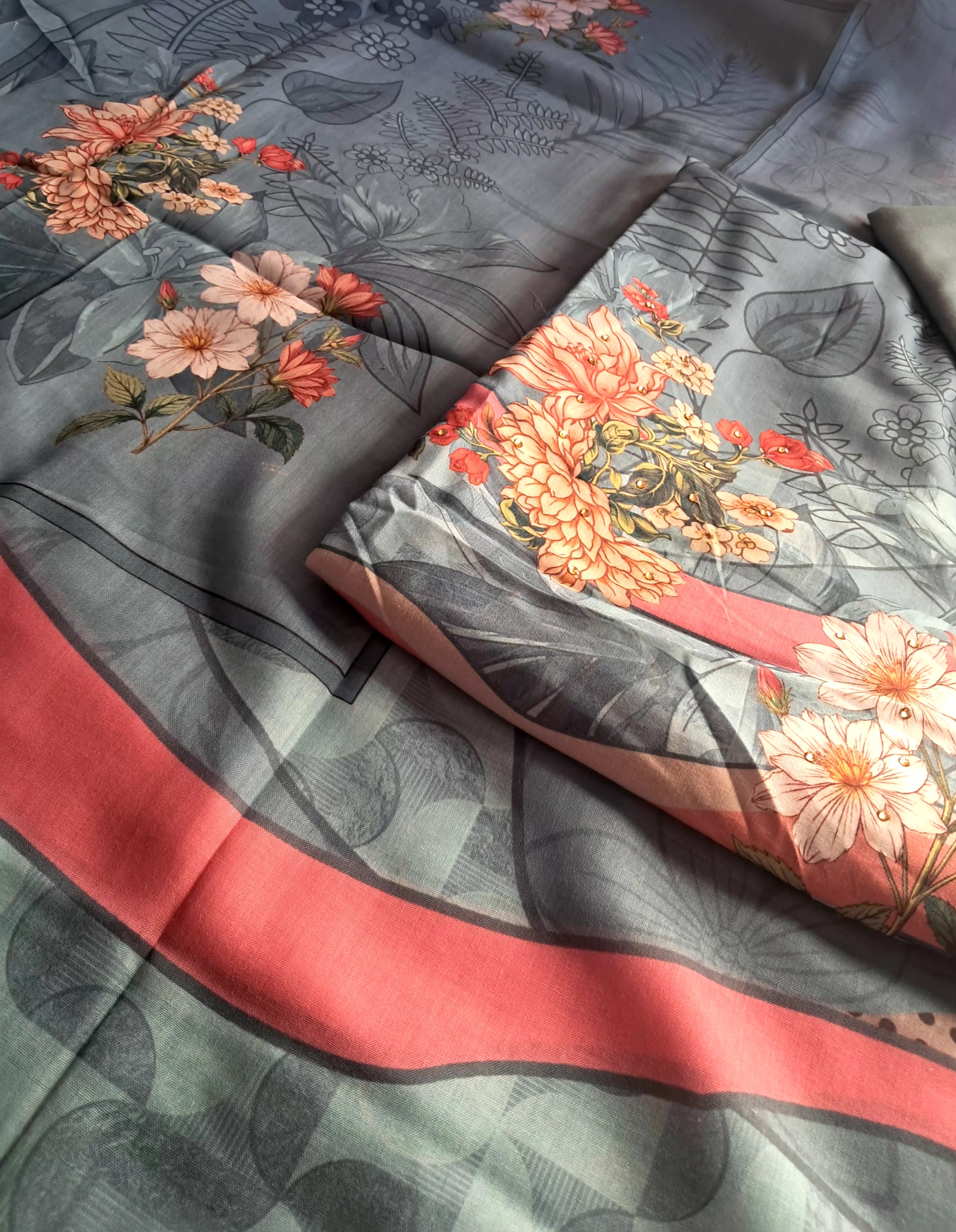Digital Cambria gala with sarwoski work. Printed muslin dupatta